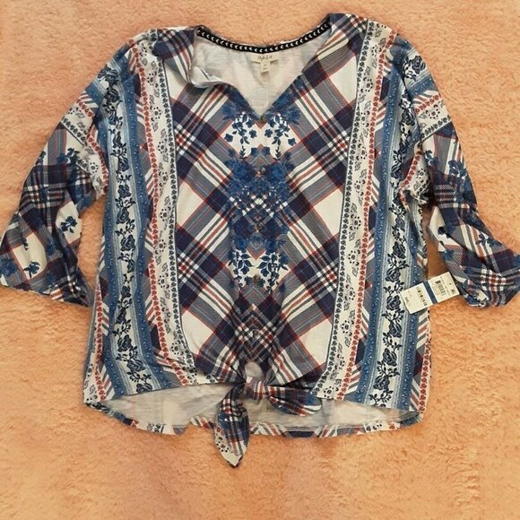 🌟HP FLORAL PLAID FRONT TIE Multicolor New Style & Co Button Up Blouse Colorful - Picture 7 of 16